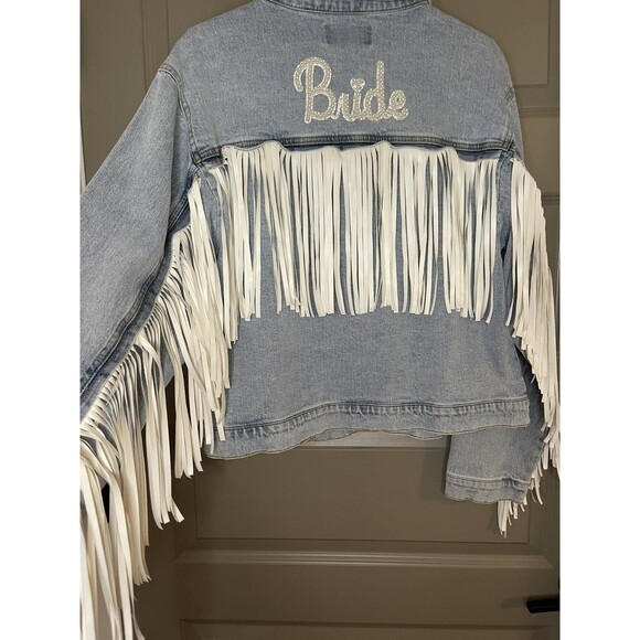 NewW tags BRIDE Denim L Jean Jacket fringe bachelorette party wedding honeymoon - Picture 11 of 14